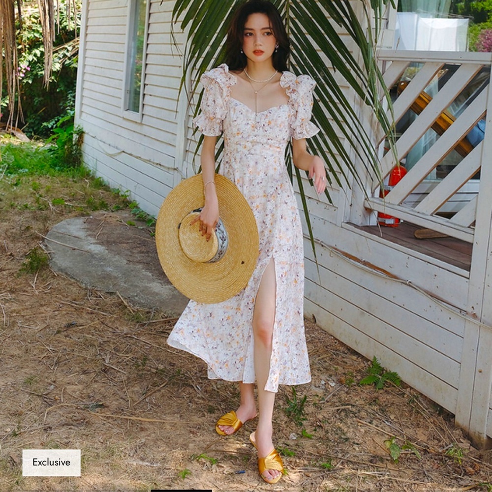 Vigorsunshine Floral Puff Sleeve Maxi Dress